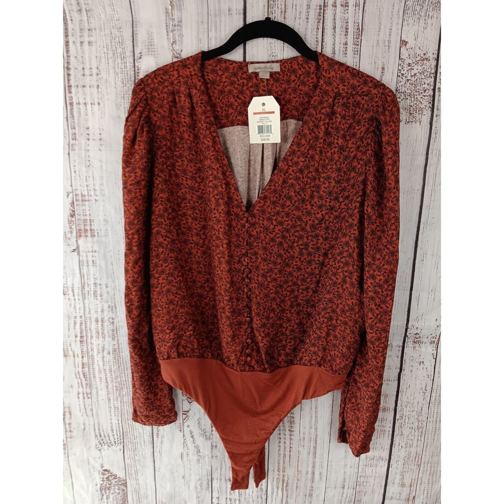 Wonderly Belk Bodysuit Top Women's X-Large Brown Black Floral Puff Sleeve NWT